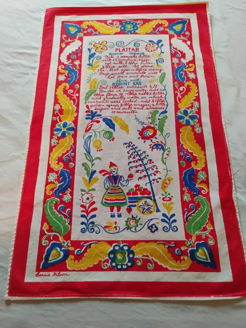 Antique 1940s 1950's Souvenir Recipe Tapestry / Kitchen Towel. Carrie Wilson